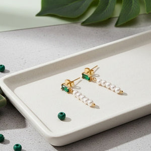 Orecchini Pendenti Artigianali Made in Italy con Cristallo Verde Rettangolare e Perle di Fiume Naturali - OE!