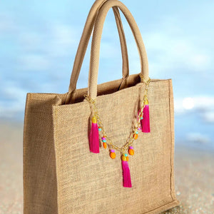 Borsa Mare “Fuchsia Fringe” – Juta Naturale con Frange Colorate - OE!