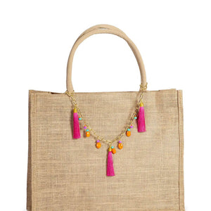 Borsa Mare “Fuchsia Fringe” – Juta Naturale con Frange Colorate - OE!