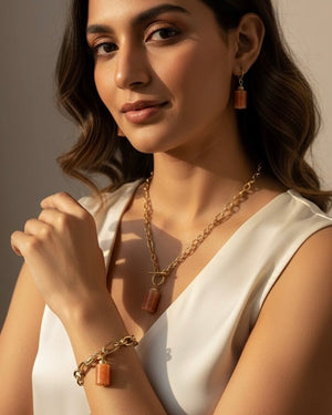 Bracciale a catena in acciaio placcato oro 18k con pendente in Orange Calcite naturale - OE!