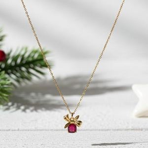 Cadeaux - Collana Artigianale Made in Italy - Acciaio Inox 18K Oro, Ciondolo Pacchetto Regalo Fiocco e Cristallo Rosso o Verde Natalizio - OE!