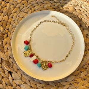 CONCHIGLIE ROSSE - collana e pendenti in acciaio placcato oro e pietre natural - OE!