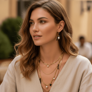 Mito partenopeo collana acciaio oro 18K charms neri e perla