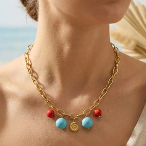 Nautilus collana a catena con corallo e turchese - OE!