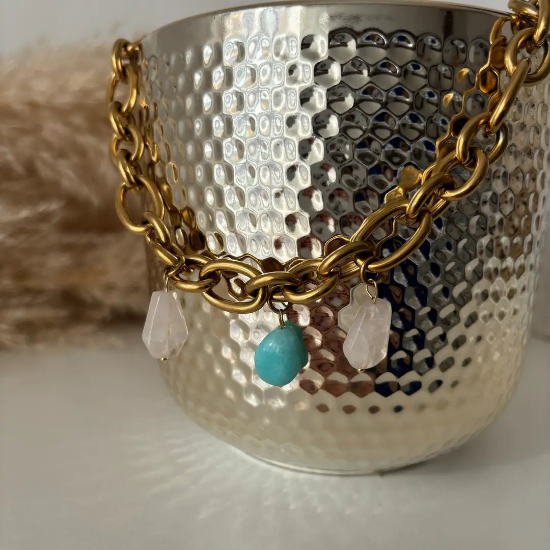 PASSIONE – Collana a catena con grandi pietre di amazzonite e quarzo - OE!