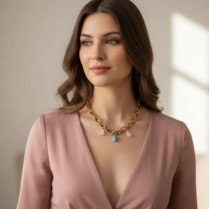 PASSIONE – Collana a catena con grandi pietre di amazzonite e quarzo - OE!