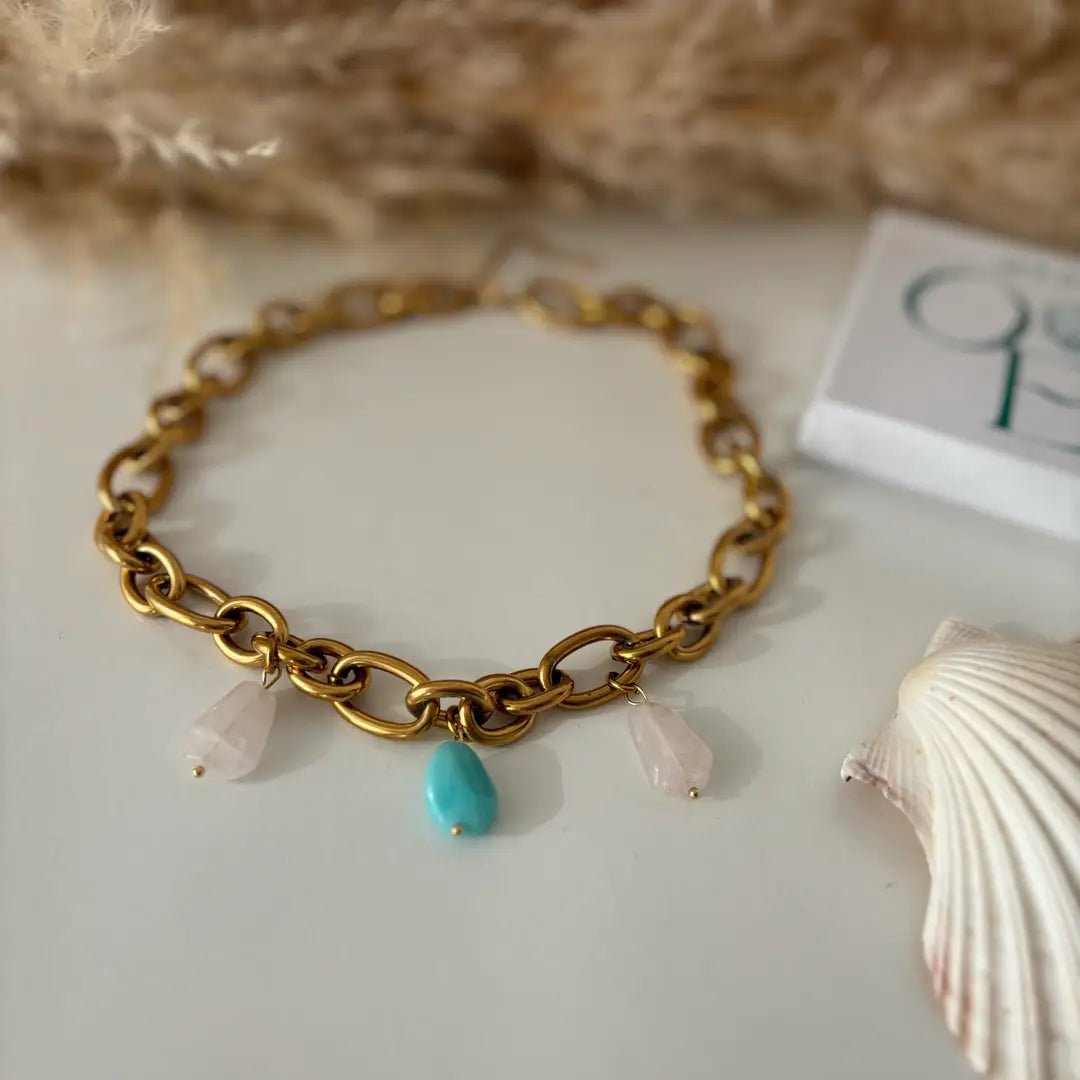 PASSIONE – Collana a catena con grandi pietre di amazzonite e quarzo - OE!