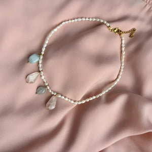 PRIMAVERA – Collana con Acquamarina, Quarzo Rosa e Perle - OE!