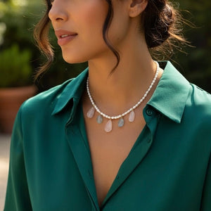 PRIMAVERA – Collana con Acquamarina, Quarzo Rosa e Perle - OE!