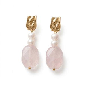 Rose Quartz Leaf orecchini di quarzo rosa naturale e perle - OE!