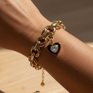 Seraphine – Bracciale in acciaio oro 18K con cuore nero e zircone - OE!