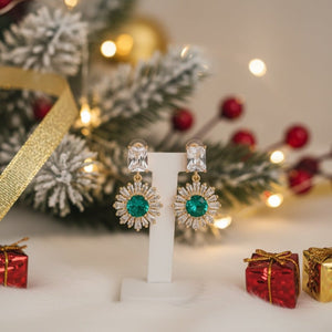 Smeralfiore - Orecchini Pendenti Ottone Natalizi Made in Italy artigianali - Nichel Free Zirconi e Cristallo Verde Smeraldo - OE!