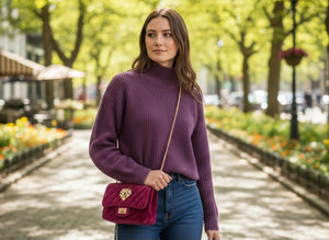 VELVET Luxe Bag Heart - Borsa a Tracolla in Velluto Artigianale Made in Italy - Catena e Spilla Gioiello con Cristalli - OE!