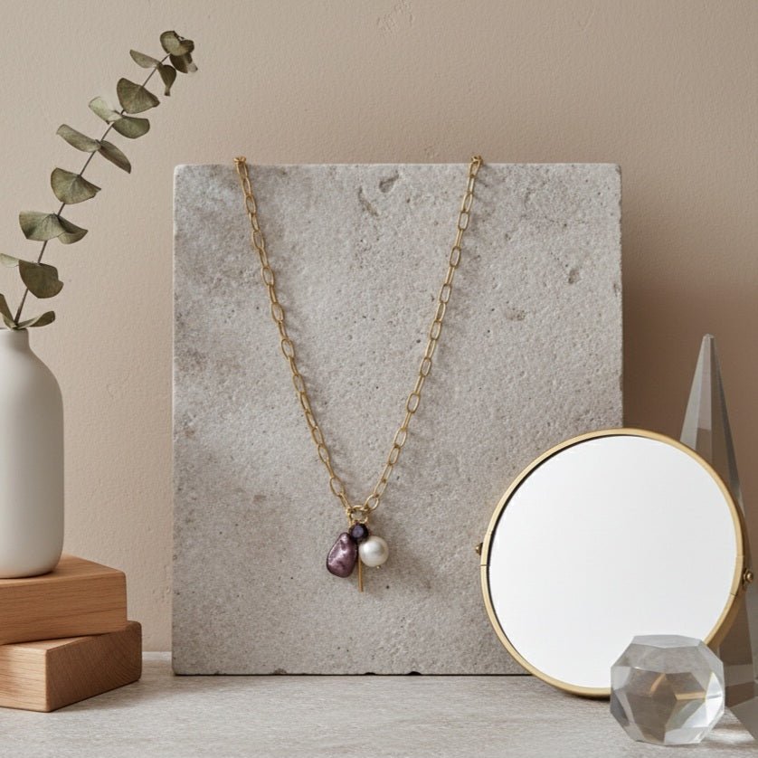 Barò - Collana Catena Maglia Acciaio Inox Placcato Oro 18K - Charm con Perla di Maiorca Barocca e Cristallo - OE!