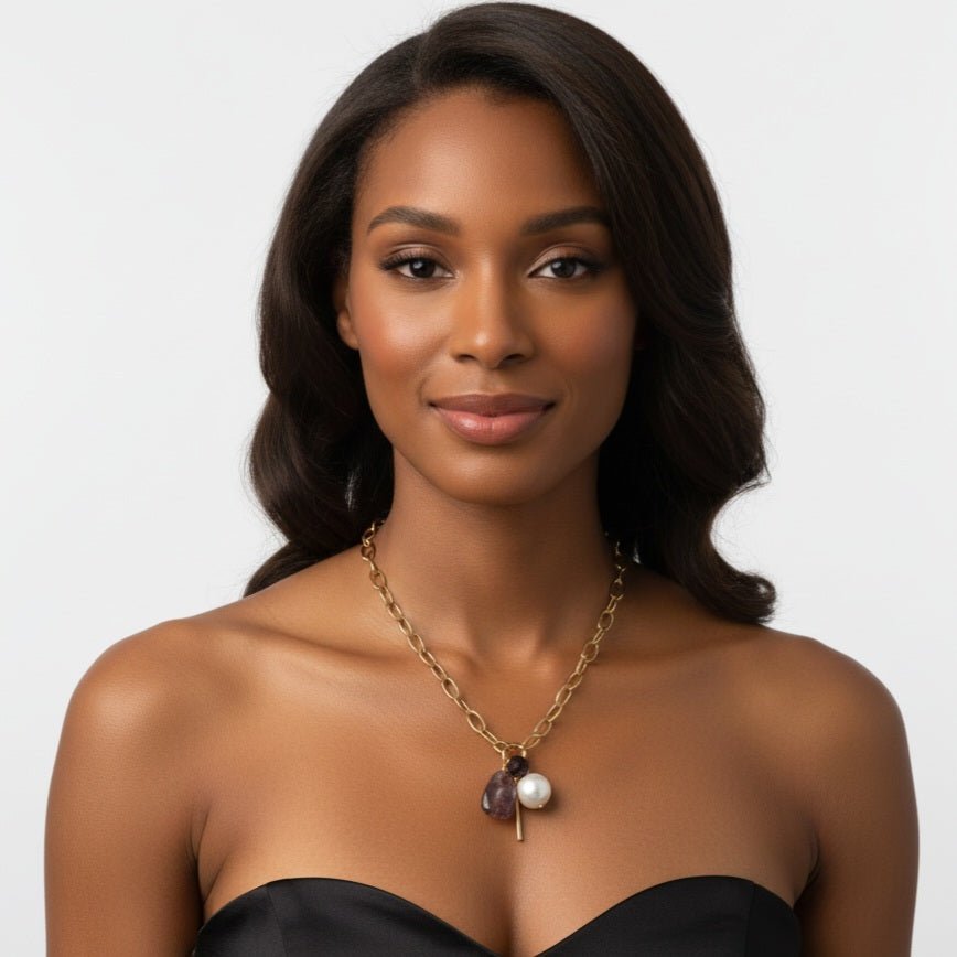 Barò - Collana Catena Maglia Acciaio Inox Placcato Oro 18K - Charm con Perla di Maiorca Barocca e Cristallo - OE!