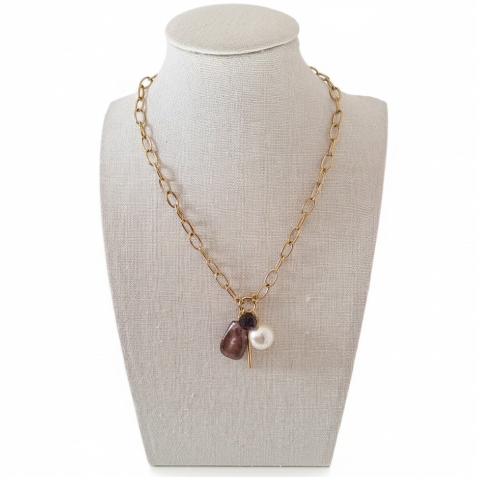 Barò - Collana Catena Maglia Acciaio Inox Placcato Oro 18K - Charm con Perla di Maiorca Barocca e Cristallo - OE!