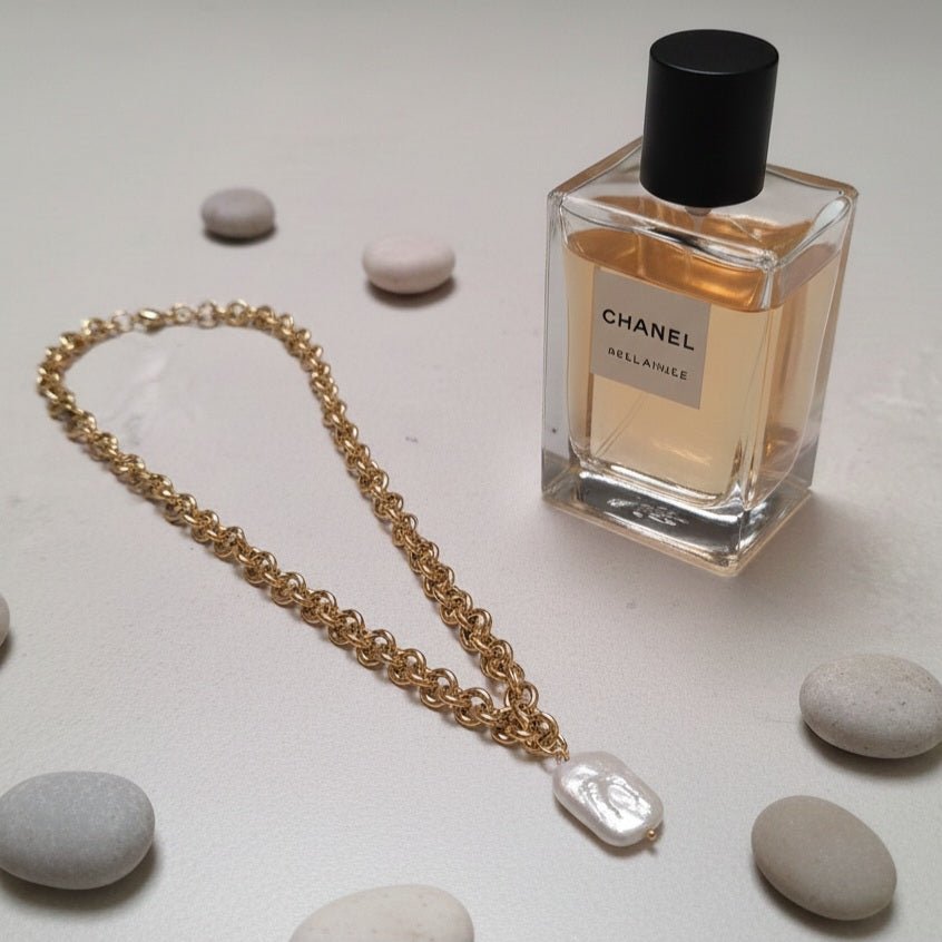 Bold collana in acciaio oro 18K perla barocca rettangolare