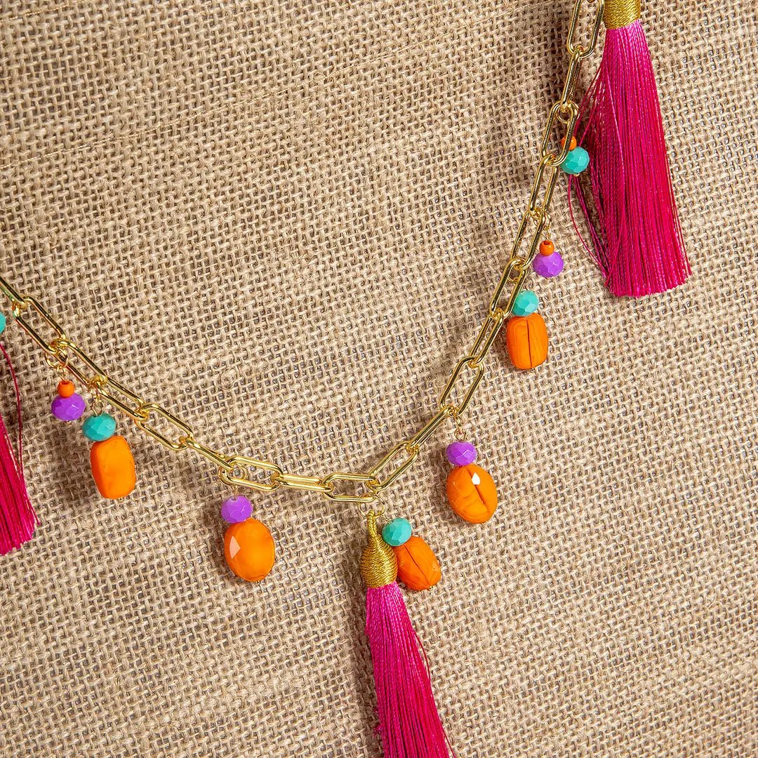 Borsa Mare “Fuchsia Fringe” – Juta Naturale con Frange Colorate - OE!