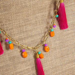 Borsa Mare “Fuchsia Fringe” – Juta Naturale con Frange Colorate - OE!