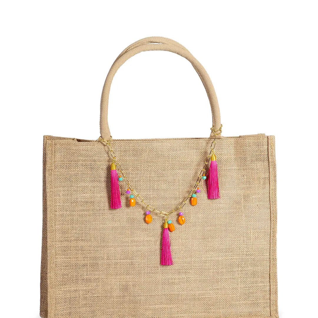 Borsa Mare “Fuchsia Fringe” – Juta Naturale con Frange Colorate - OE!