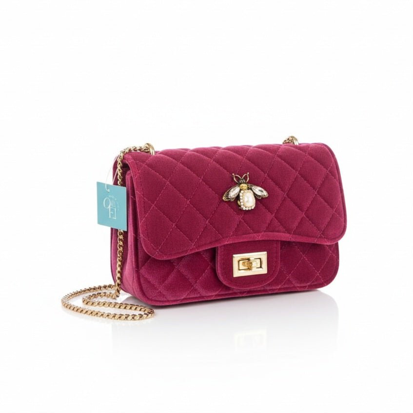 Borsa Velvet Crown - Velluto, Catena Oro &amp; Spilla in Cristalli - artigianale Made in Italy - OE!