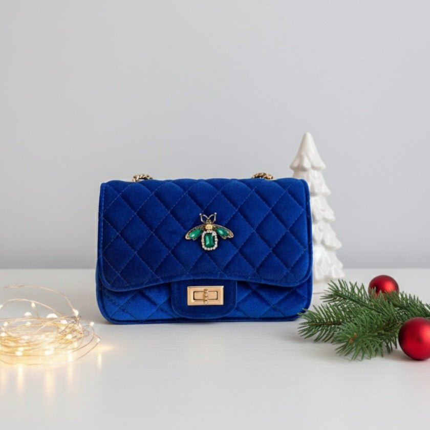 Borsa Velvet Crown - Velluto, Catena Oro &amp; Spilla in Cristalli - artigianale Made in Italy - OE!