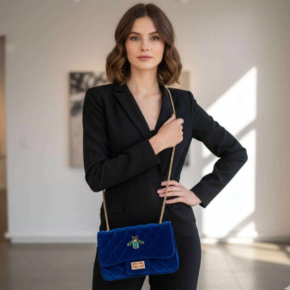 Borsa Velvet Crown - Velluto, Catena Oro &amp; Spilla in Cristalli - artigianale Made in Italy - OE!