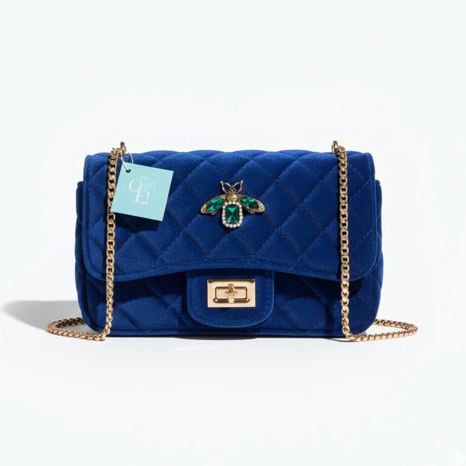 Borsa Velvet Crown - Velluto, Catena Oro &amp; Spilla in Cristalli - artigianale Made in Italy - OE!