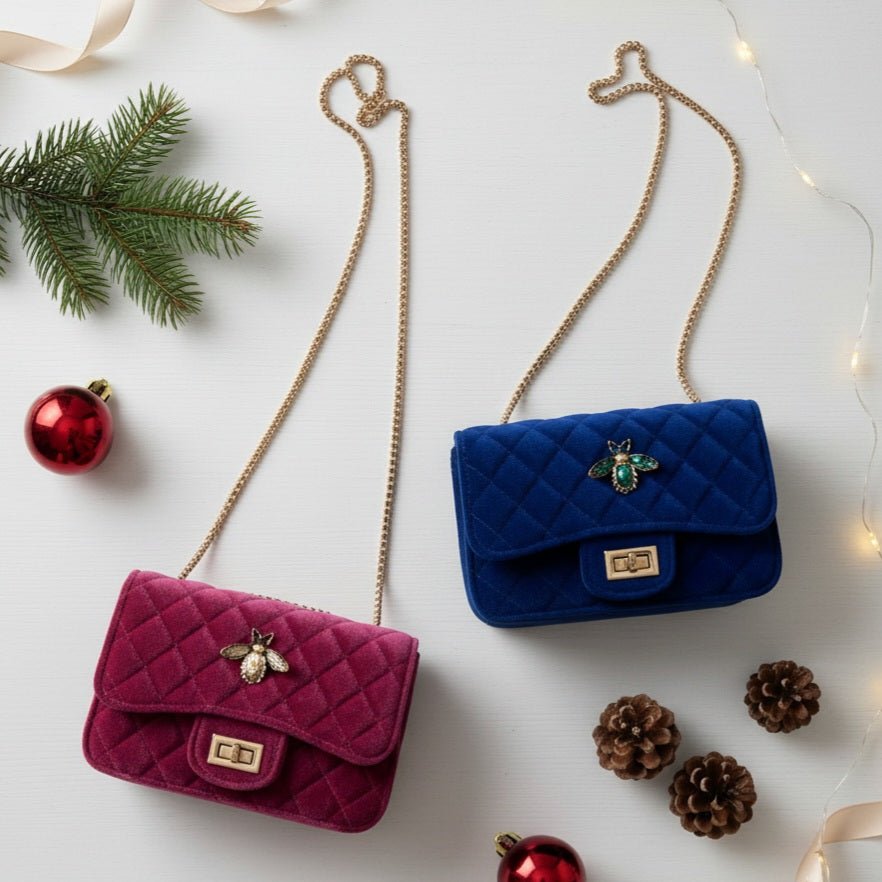 Borsa Velvet Crown - Velluto, Catena Oro &amp; Spilla in Cristalli - artigianale Made in Italy - OE!