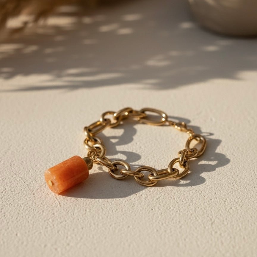 Bracciale a catena in acciaio placcato oro 18k con pendente in Orange Calcite naturale - OE!