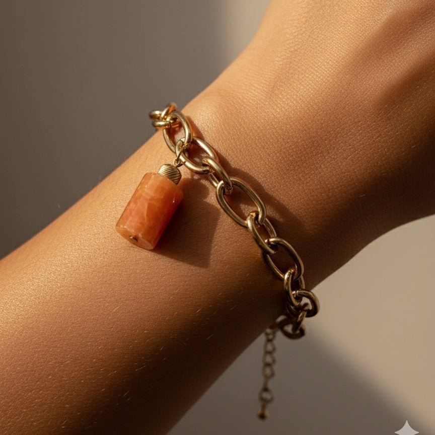 Bracciale a catena in acciaio placcato oro 18k con pendente in Orange Calcite naturale - OE!