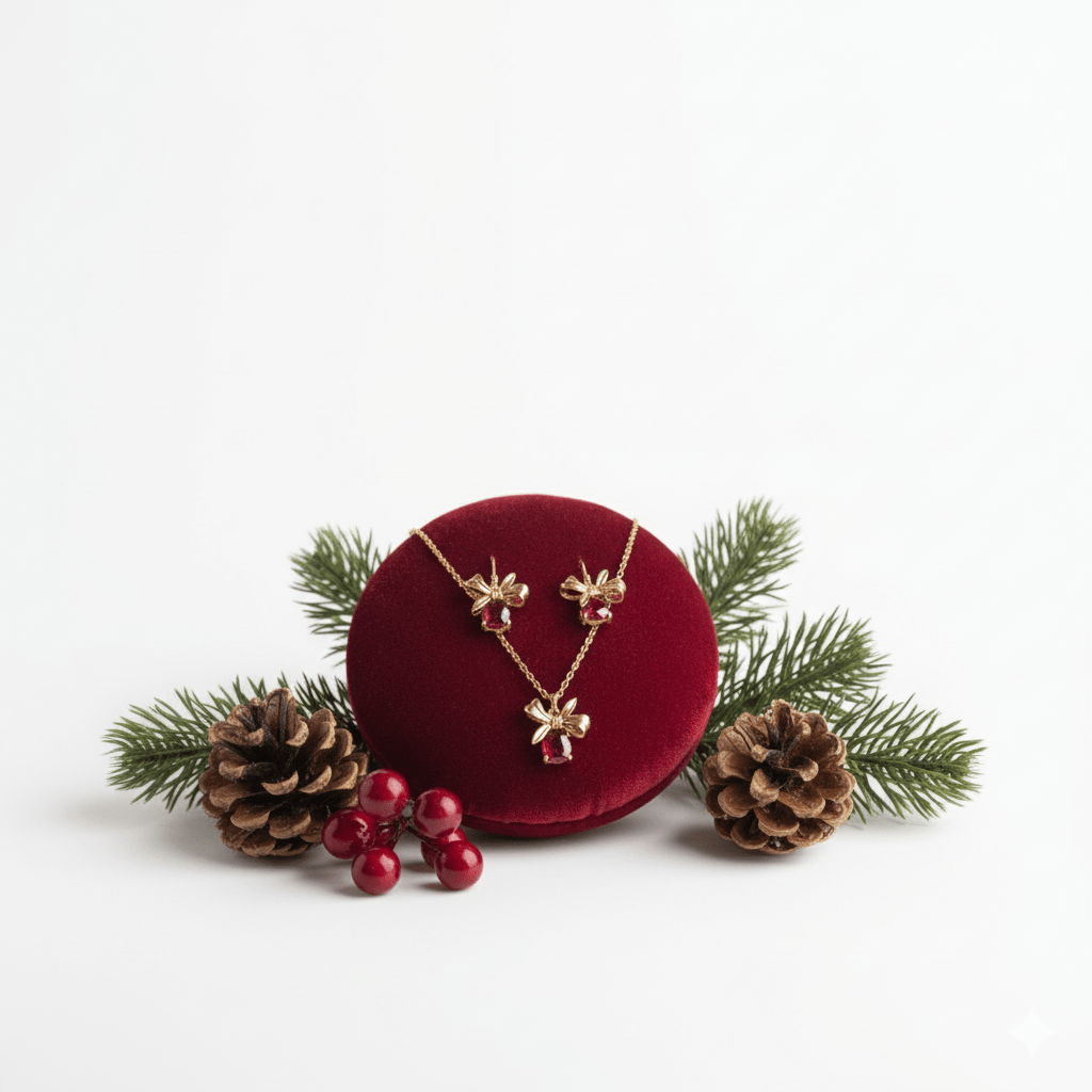 Cadeaux - Collana Artigianale Made in Italy - Acciaio Inox 18K Oro, Ciondolo Pacchetto Regalo Fiocco e Cristallo Rosso o Verde Natalizio - OE!