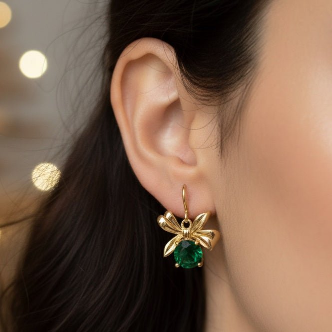 Cadeaux - Orecchini Natalizi Artigianali: Acciaio Inox Oro 18k, Fiocco &amp; Cristallo Rosso o Verde - Anallergici - Made in Italy - OE!