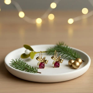 Cadeaux - Orecchini Natalizi Artigianali: Acciaio Inox Oro 18k, Fiocco & Cristallo Rosso o Verde - Anallergici - Made in Italy - OE!