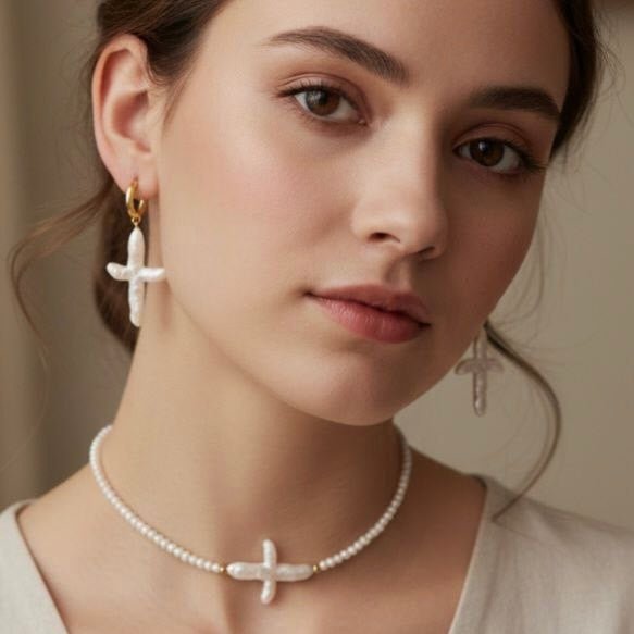 Choker con Perle e Croce Barocca Regolabile – Gioiello Artigianale Made in Italy - OE!