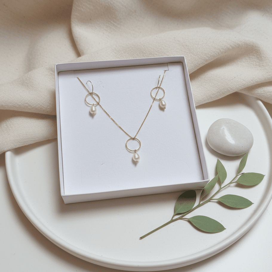 Cofanetto Regalo “Unica” – Parure Collana e Orecchini a Cerchio Sferico in Acciaio Oro 18k con Perle di Fiume - OE!