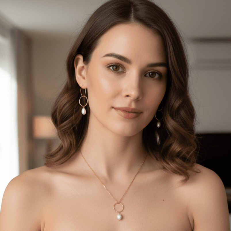 Cofanetto Regalo “Unica” – Parure Collana e Orecchini a Cerchio Sferico in Acciaio Oro 18k con Perle di Fiume - OE!