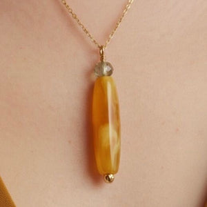 Collana con Agata Gialla e Quarzo Verde – Pendente Artigianale in Acciaio Placcato Oro 18k - OE!