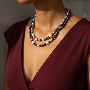 Collana con cristalli verdi/viola e perle di fiume – placcata oro 18k, fatta a mano in Italia - OE!