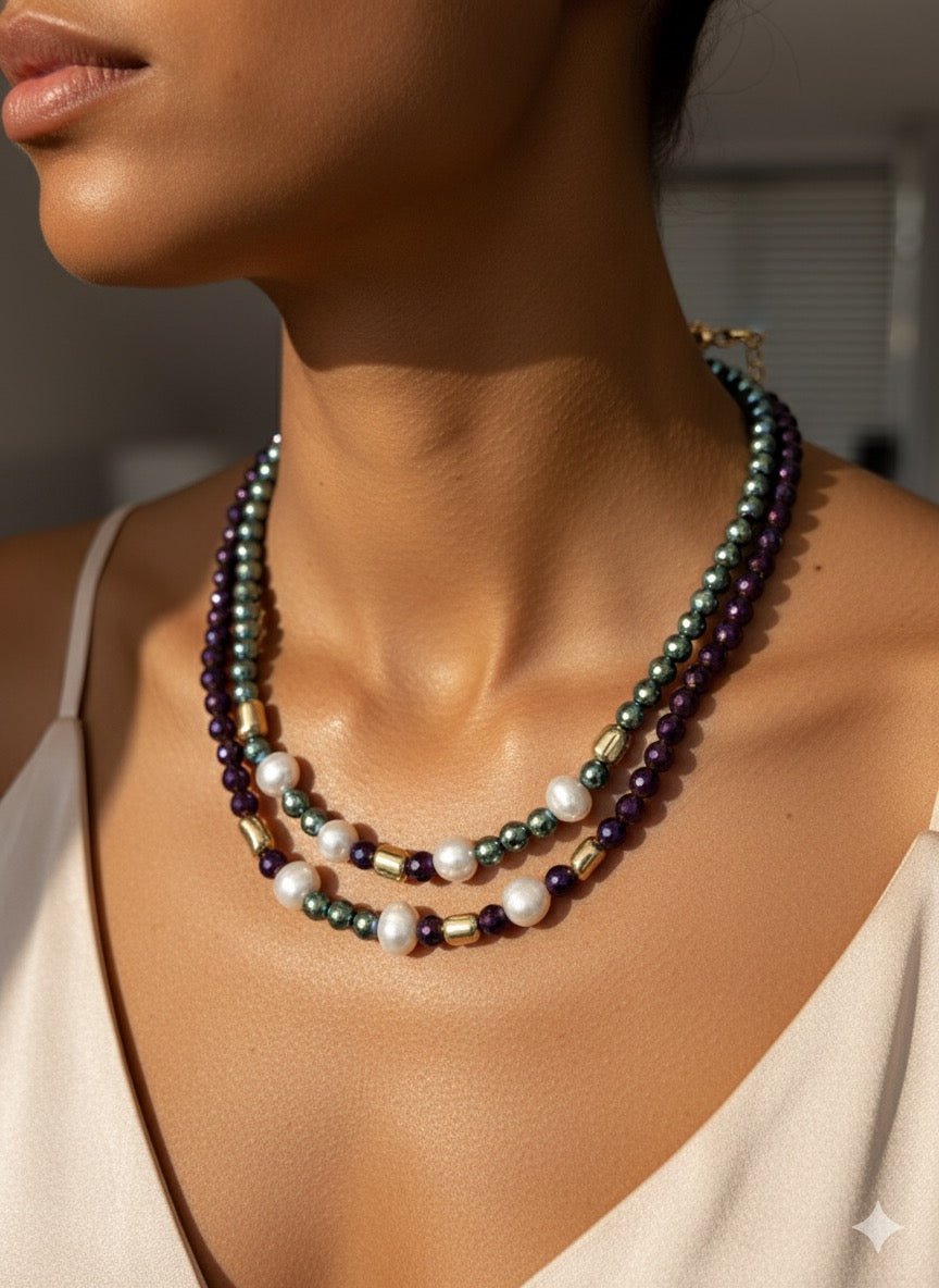 Collana con cristalli verdi/viola e perle di fiume – placcata oro 18k, fatta a mano in Italia - OE!