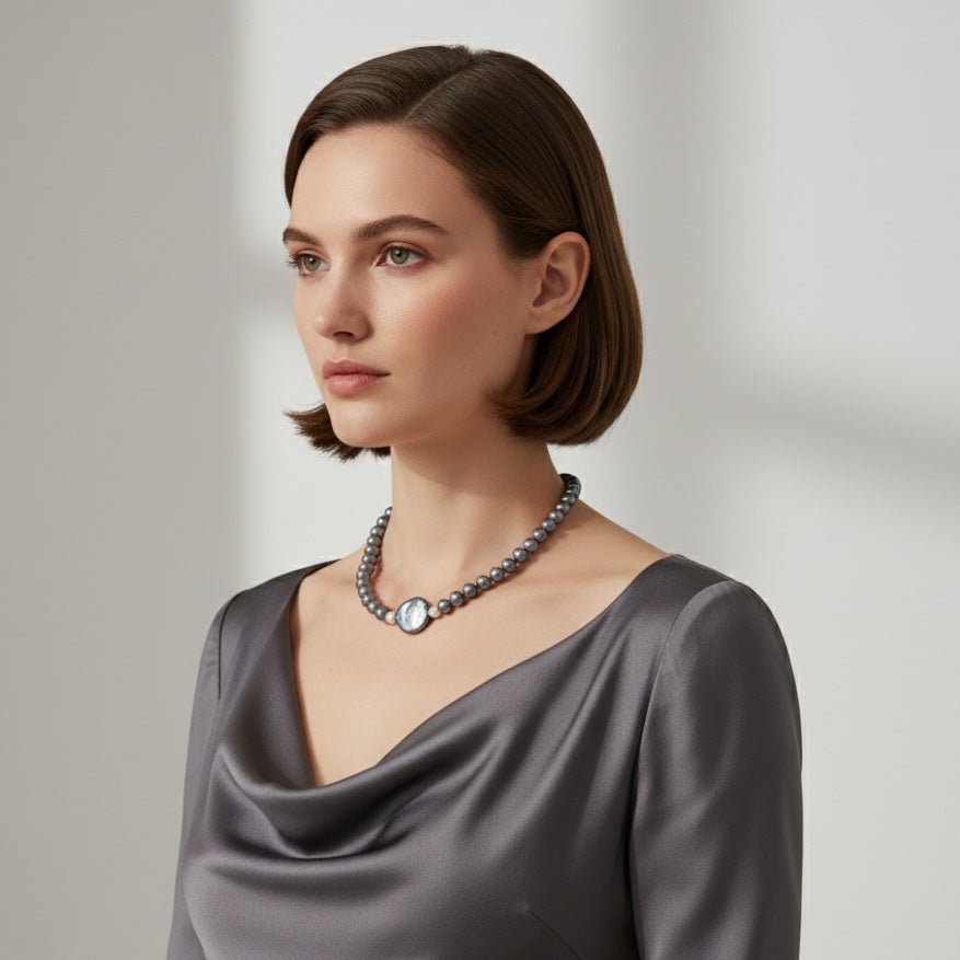 Collana con perle di fiume e perla barocca centrale grigia - OE!