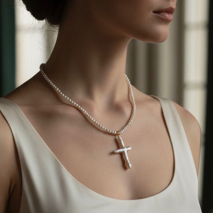 Collana con Perle e Croce Barocca in Madreperla – Fatto a Mano in Italia - OE!