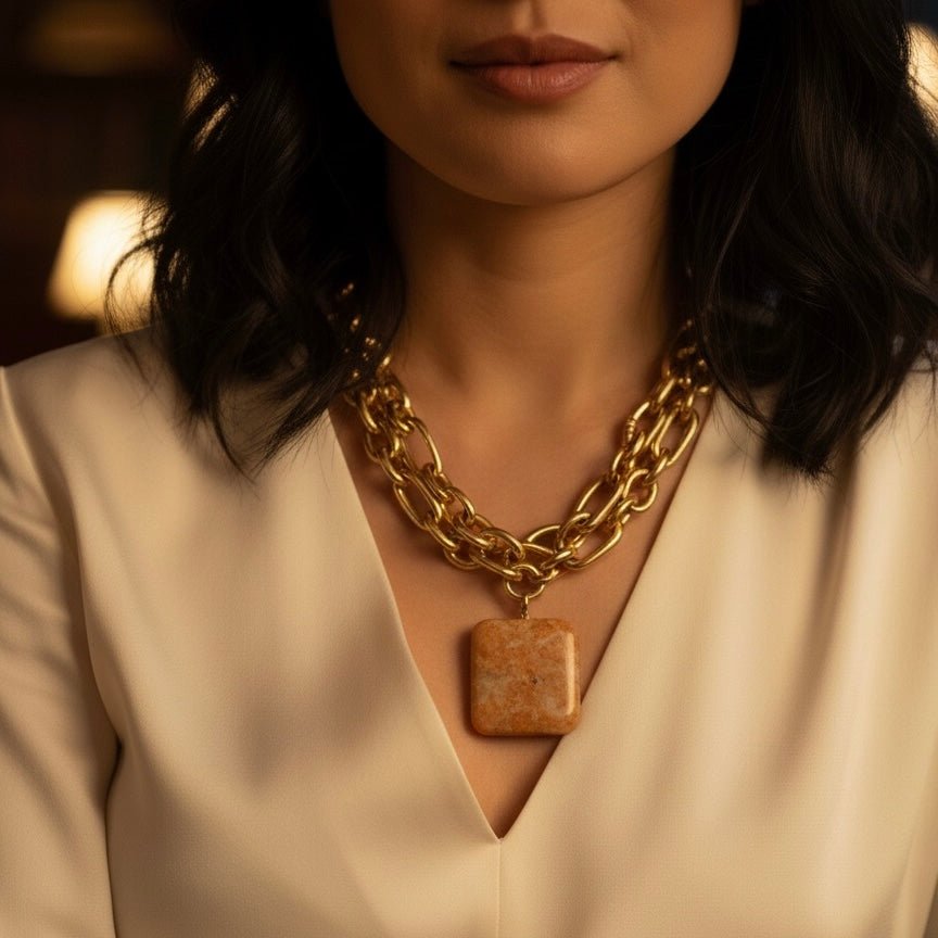 Collana in acciaio placcato oro 18k con pendente in Calcite Orange - OE!