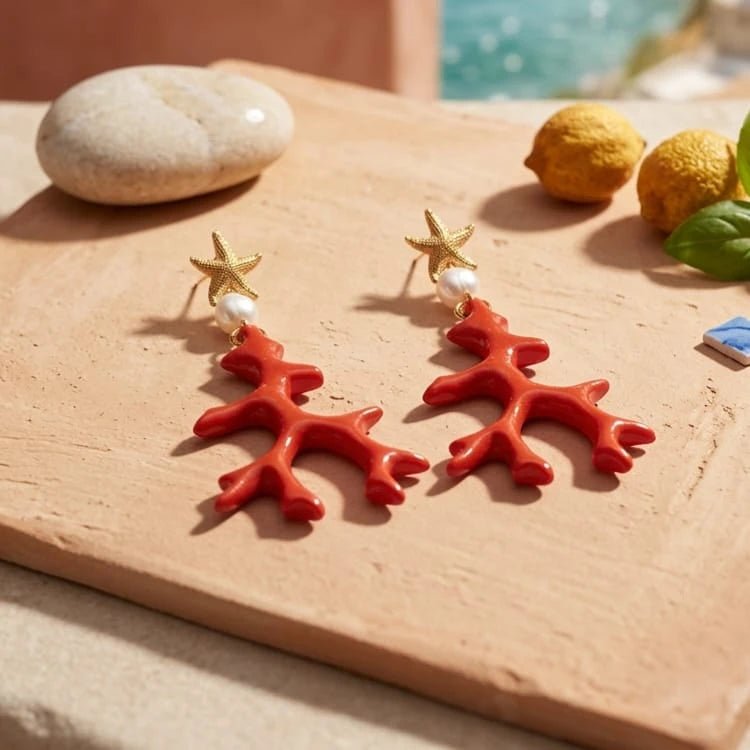 Coral star orecchini artigianali con chiusura a scatto