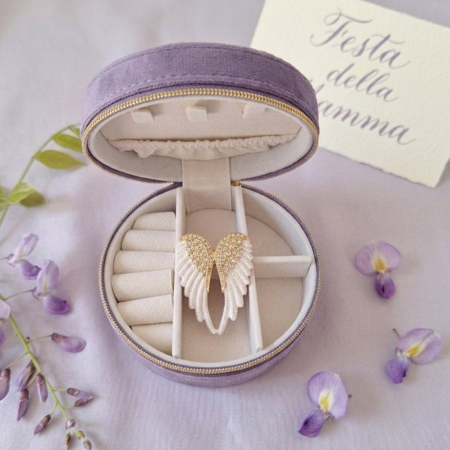 custode alato portagioie in velluto con spilla in strass artigianale made in Italy - OE!