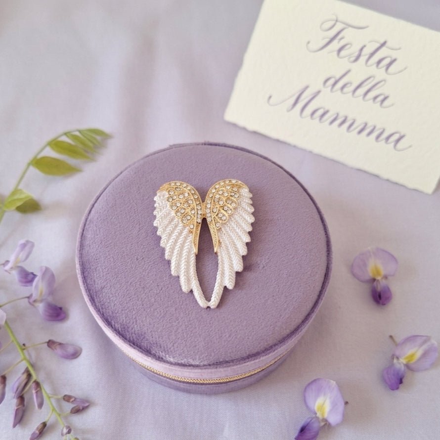 custode alato portagioie in velluto con spilla in strass artigianale made in Italy - OE!