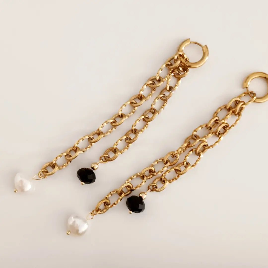 DUO BLACK – CERCHI A CATENA ORO CON PERLE E CRISTALLI - OE!