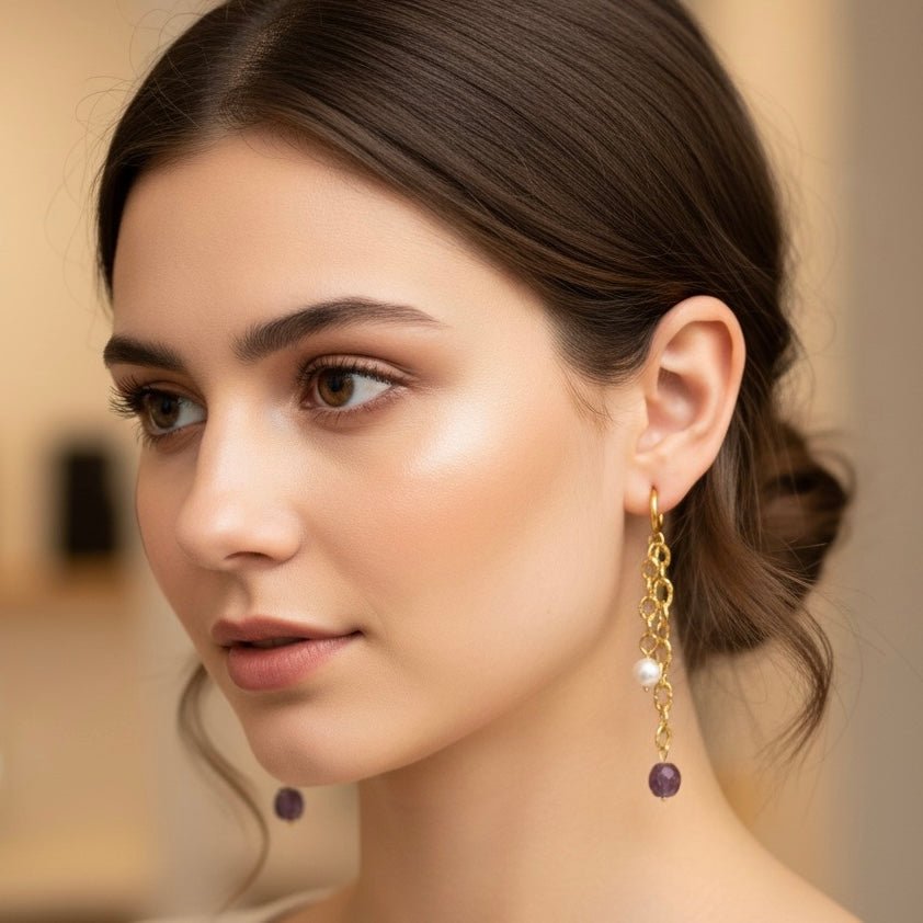 DUO PURPLE – Orecchini a cerchio con catena dorata e ametista - OE!