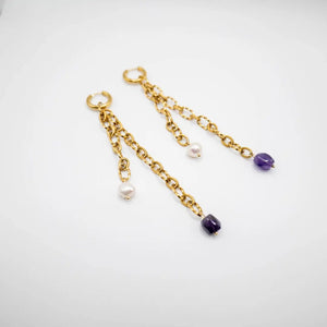 DUO PURPLE – Orecchini a cerchio con catena dorata e ametista - OE!
