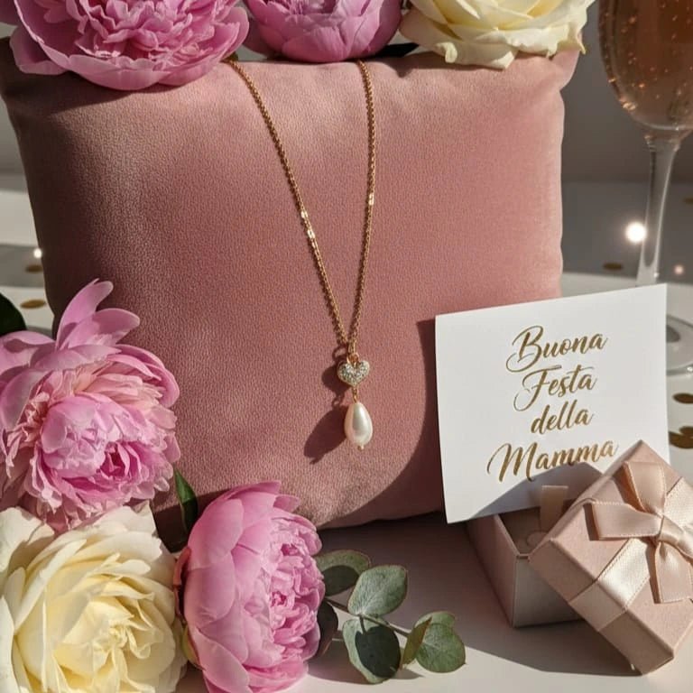 Essenza materna collana artigianale placcata oro con perla naturale e cuore - OE!